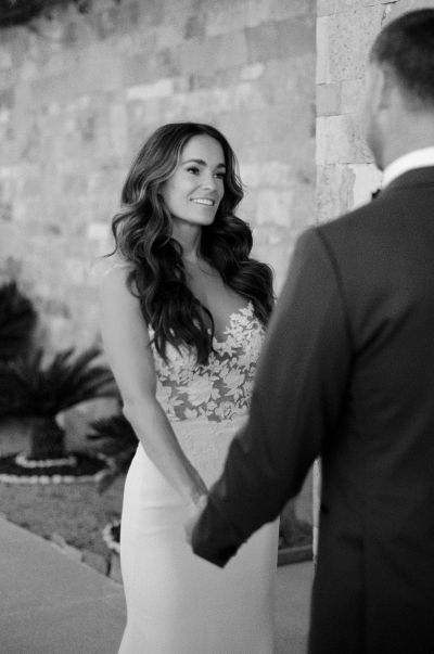 Groom and bride during first look before wedding in chileno bay auberge resort in los cabos