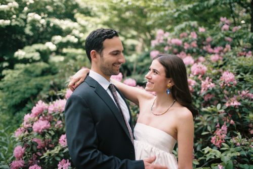 Bride and groom portrait in central park in new york city during elopement